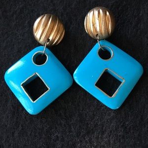 Blue/gold 80s wooden earrings